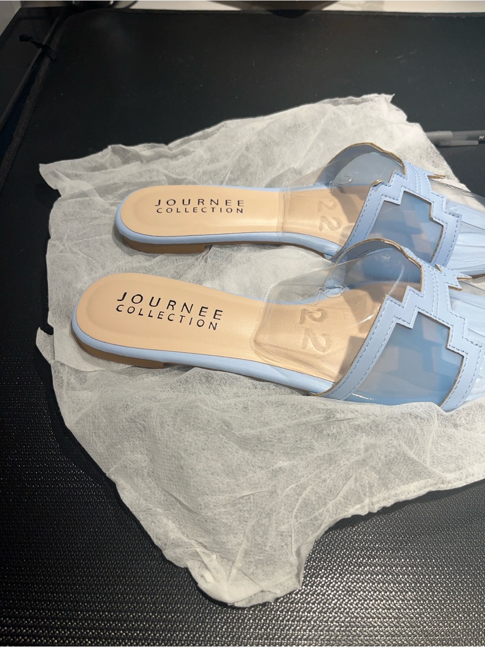 Journee Collection Light Blue Transparent Slip-On Mules